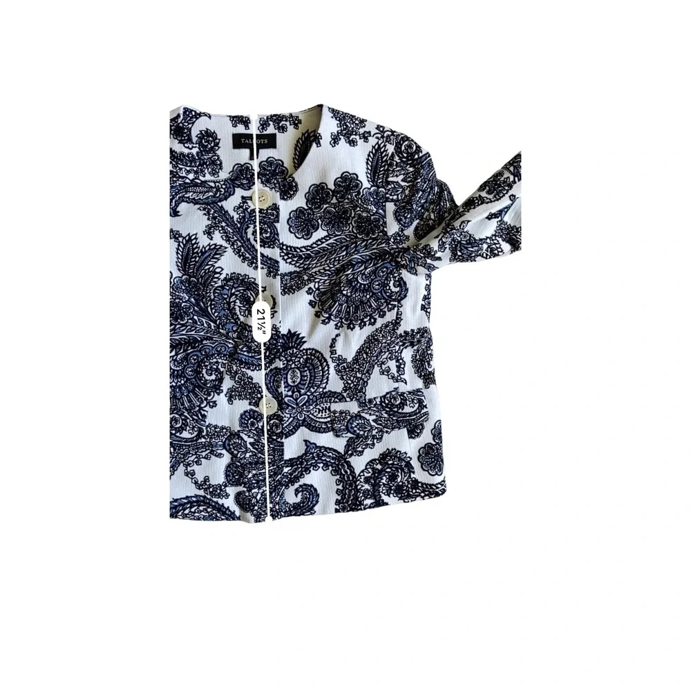 Talbots Cropped Paisley Jacket Blazer Size 4 Blue Swing Quiet Luxury Career wear